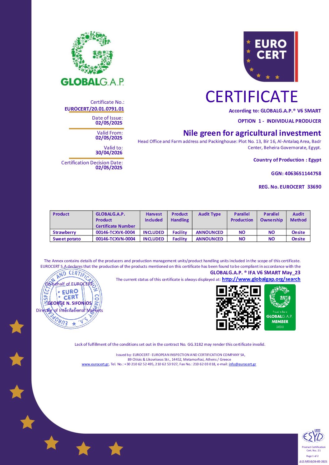 GLOBALGAP OPTION 1 CERTIFICATE TEMPALE 2 PAGES 1 TABLE Nile green for agricultural investment